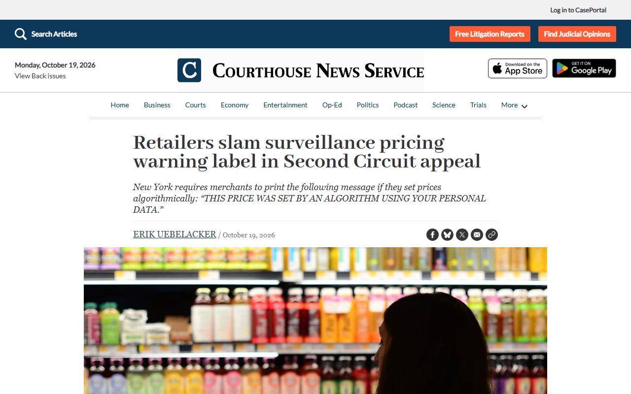 Screenshot of Courthouse News's report on the Second Circuit appeal over New York's surveillance-pricing warning label.