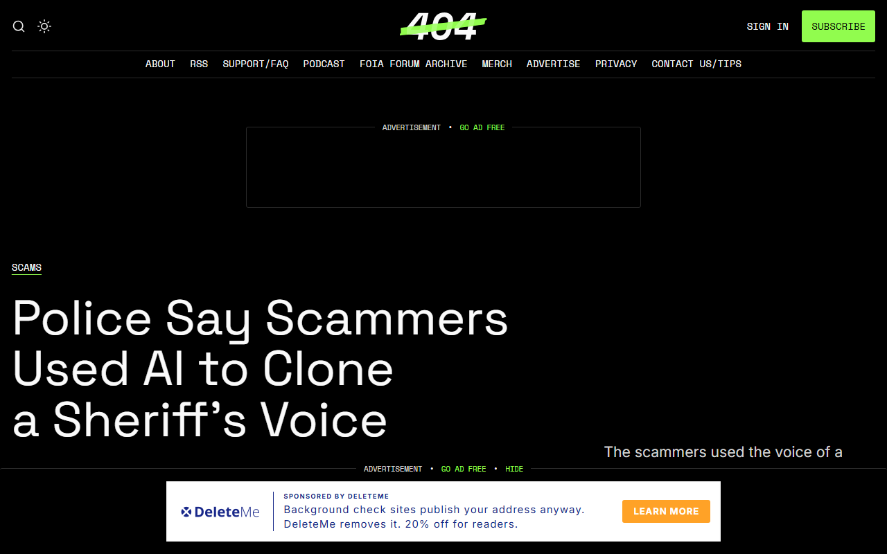 Screenshot of 404 Media's report on scammers using AI to clone an Osceola County sheriff's voice.