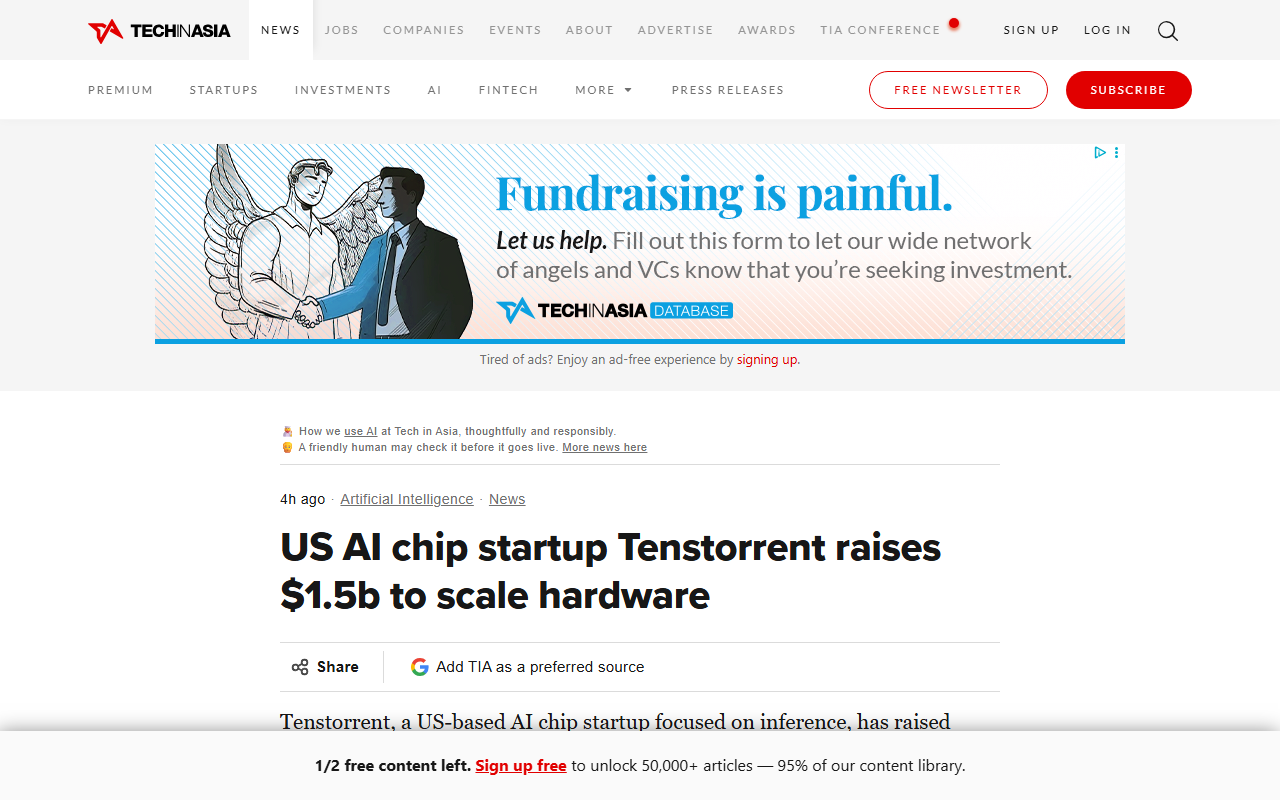 Screenshot of Tech in Asia's report on Tenstorrent raising $1.5 billion to scale its AI chips.
