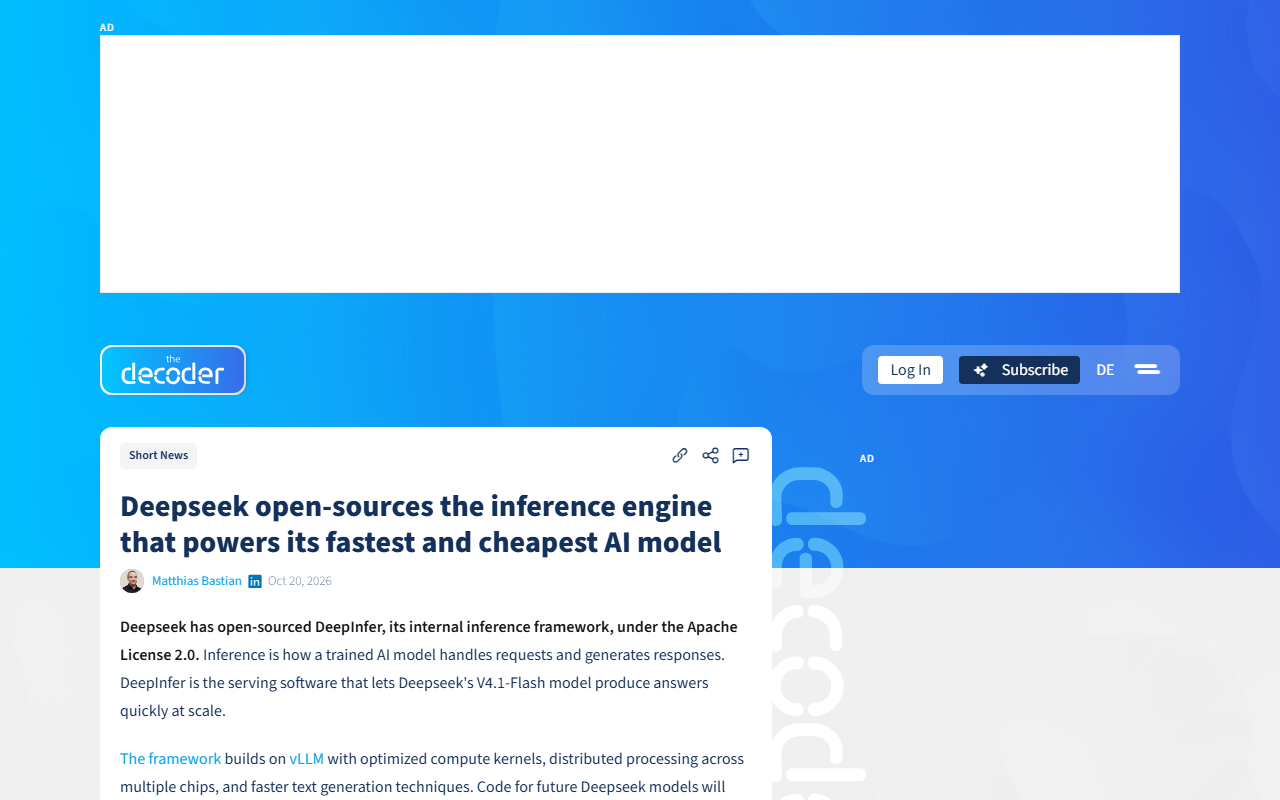 Screenshot of The Decoder's October 20 report on DeepSeek open-sourcing its DeepInfer inference engine.