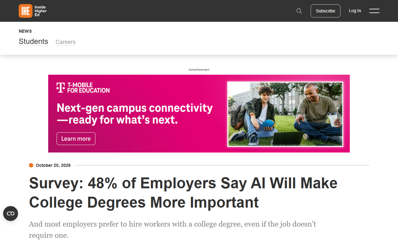 Screenshot of Inside Higher Ed's October 20 report on the Lumina-Gallup employer survey on AI and degrees.