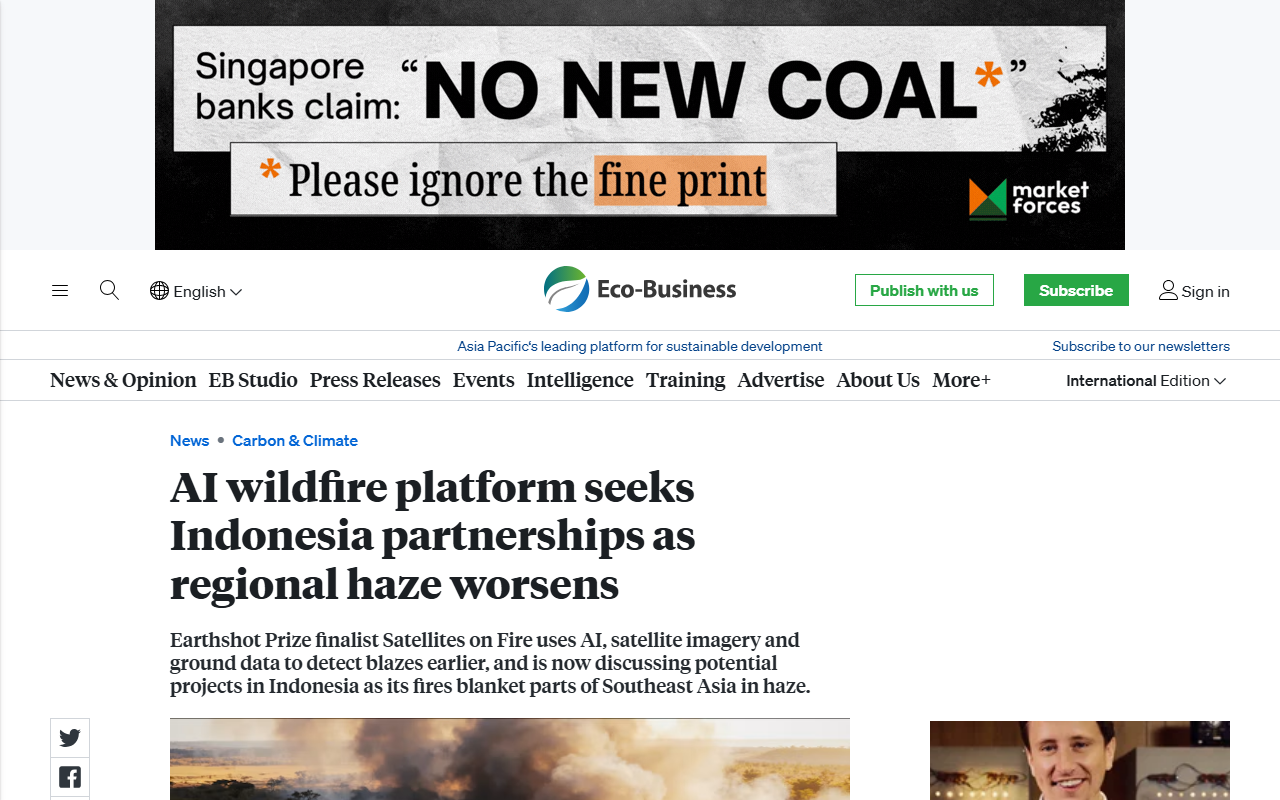 Screenshot of Eco-Business's October 19 report on the Satellites on Fire AI wildfire detection platform.