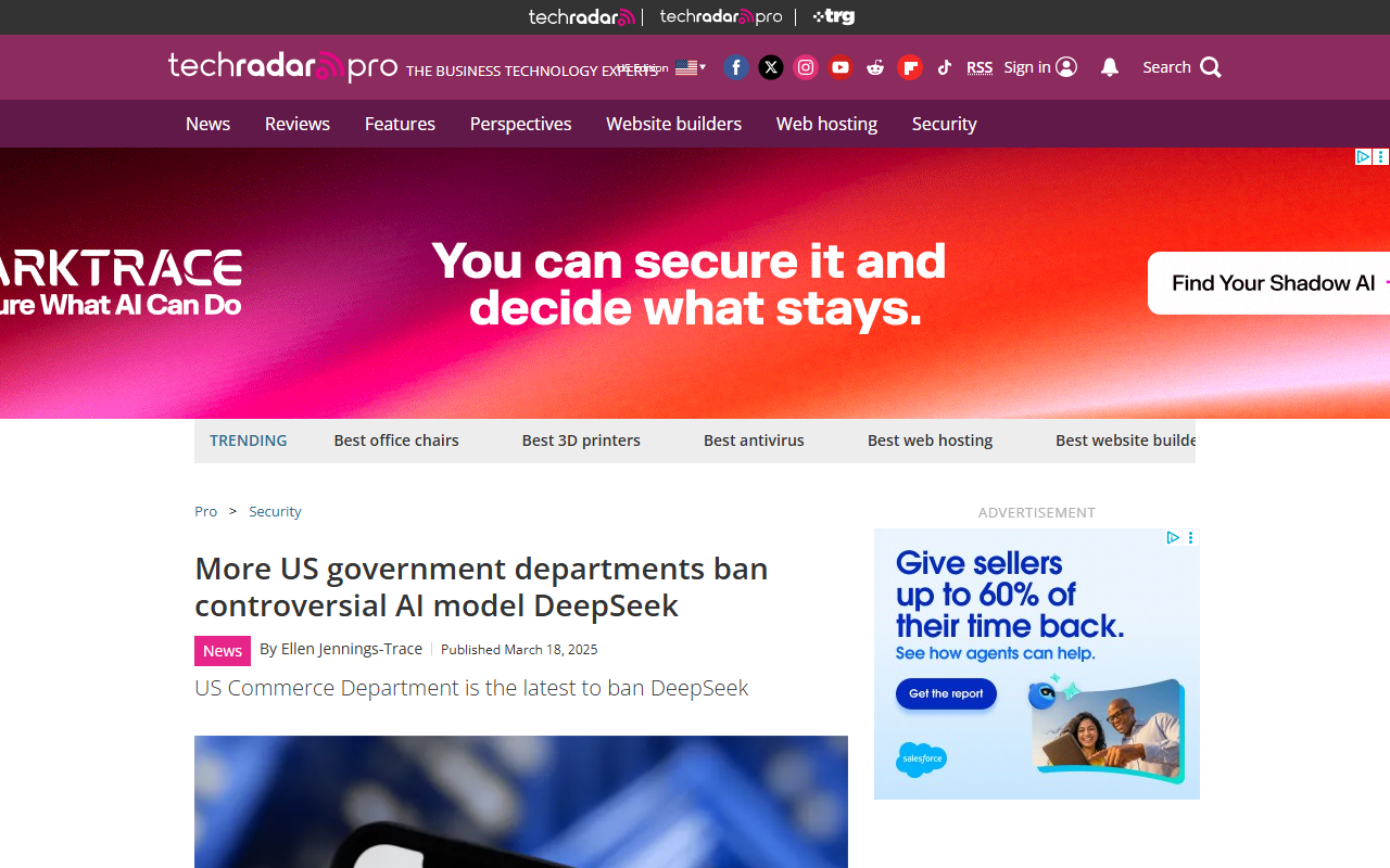 Screenshot of TechRadar's October 20 report on the US federal ban on DeepSeek.