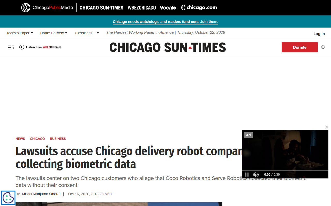 Screenshot of the Chicago Sun-Times' October 16 report on the delivery-robot biometric lawsuits.
