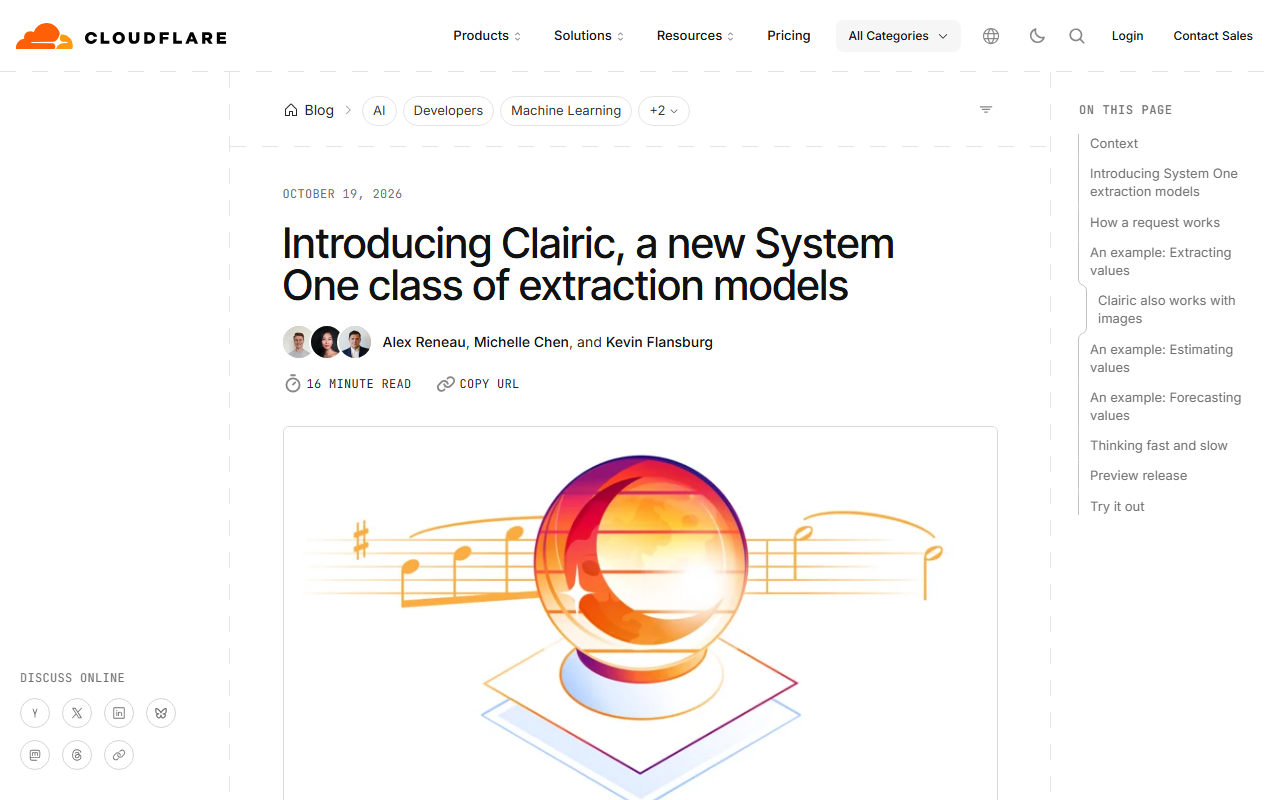 Screenshot of Cloudflare's October 19 blog post introducing the Clairic extraction model.