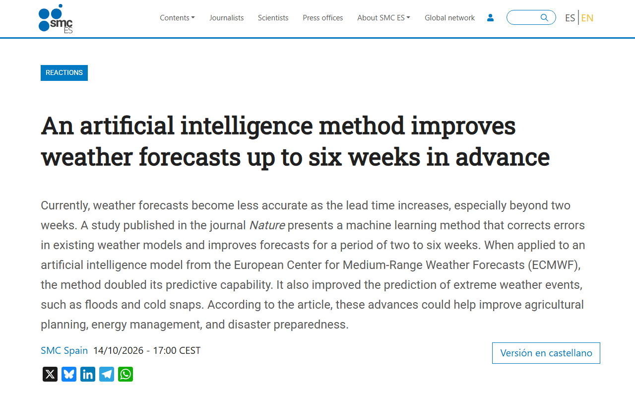 Screenshot of the Science Media Centre report on the open-source AI method that improves sub-seasonal weather forecasts.