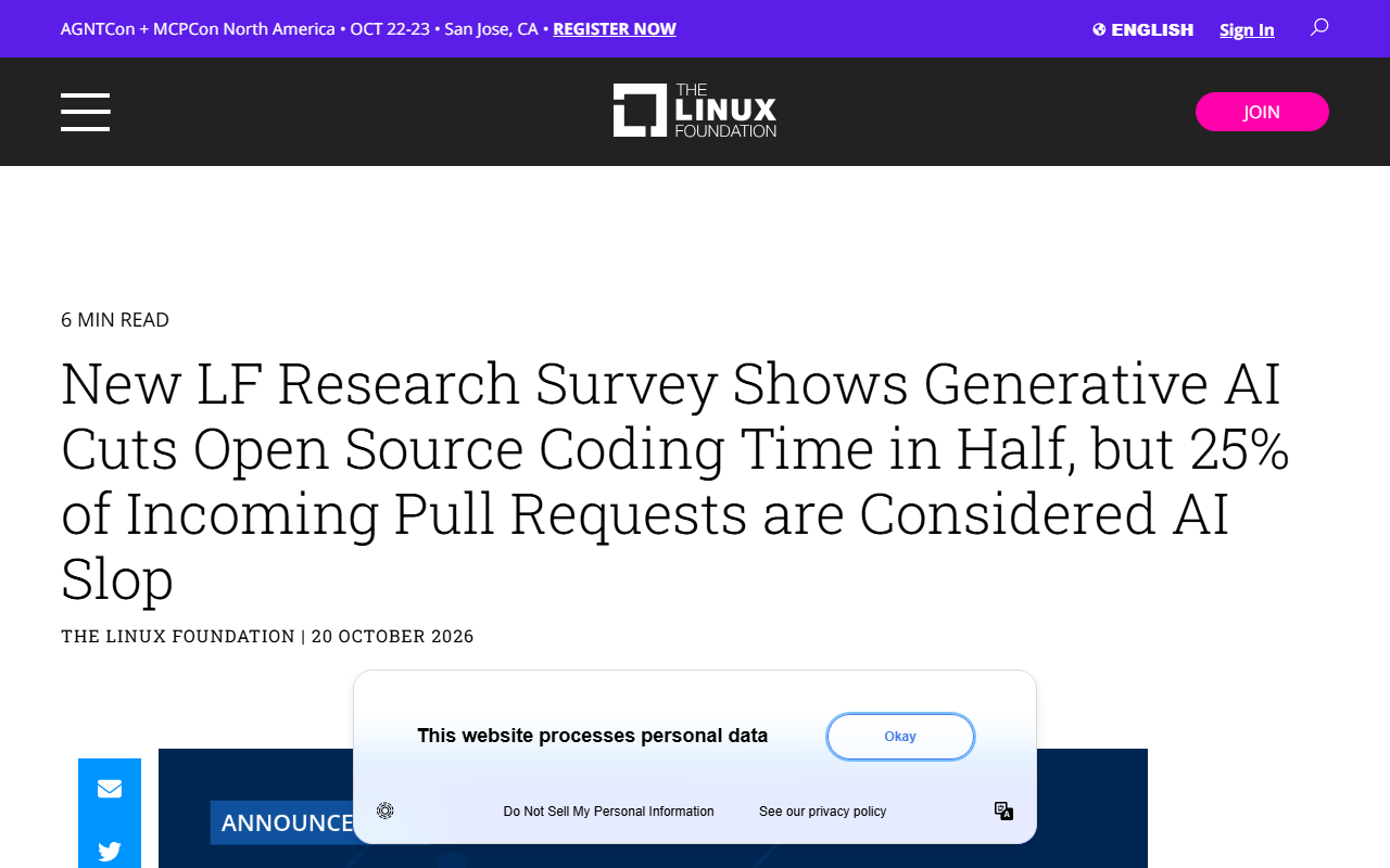 Screenshot of the Linux Foundation's research announcement on generative AI and open-source pull-request quality.