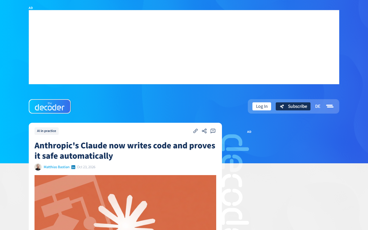 Screenshot of The Decoder's October 23 report on Claude generating formal proofs for open-source code.