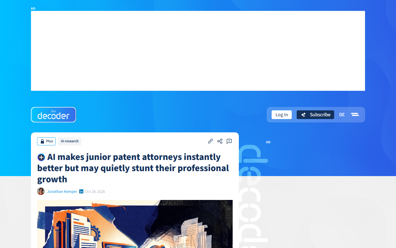 Screenshot of The Decoder's report on the trial of AI and junior patent attorneys.