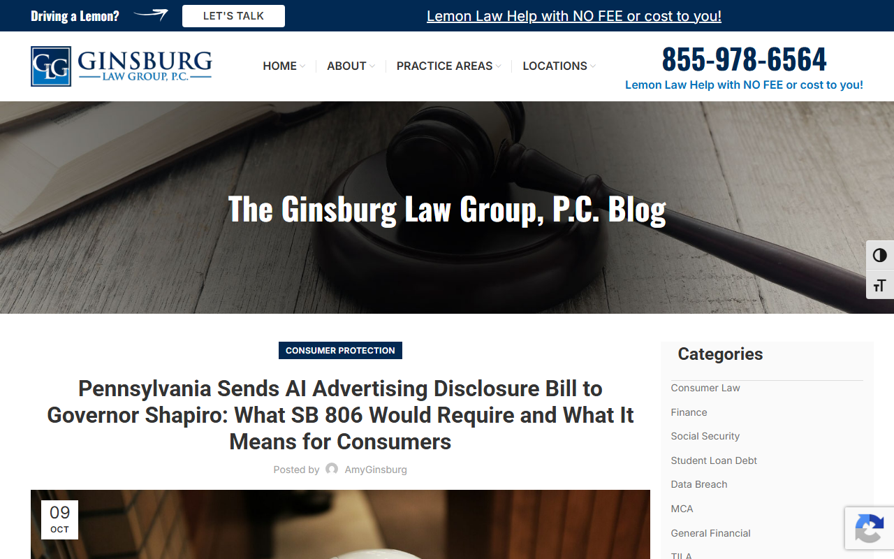 Screenshot of Ginsburg Law Group's analysis of Pennsylvania's AI Deceptive Advertising Act.