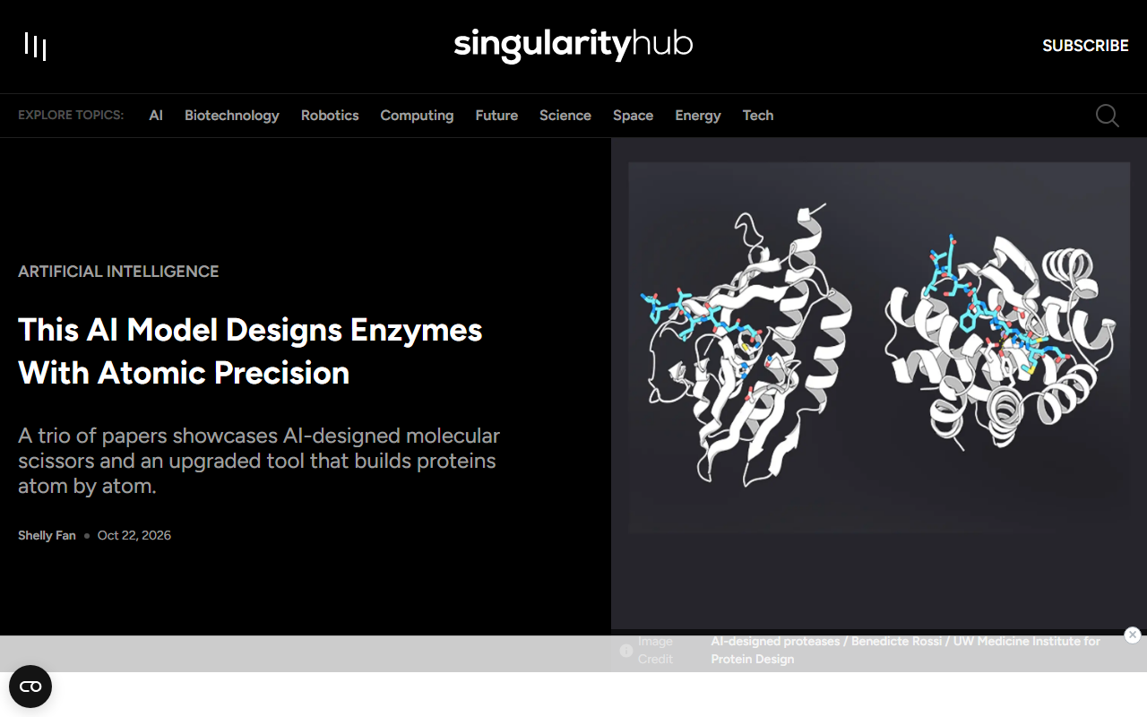 Screenshot of Singularity Hub's report on a new AI model that designs enzymes.
