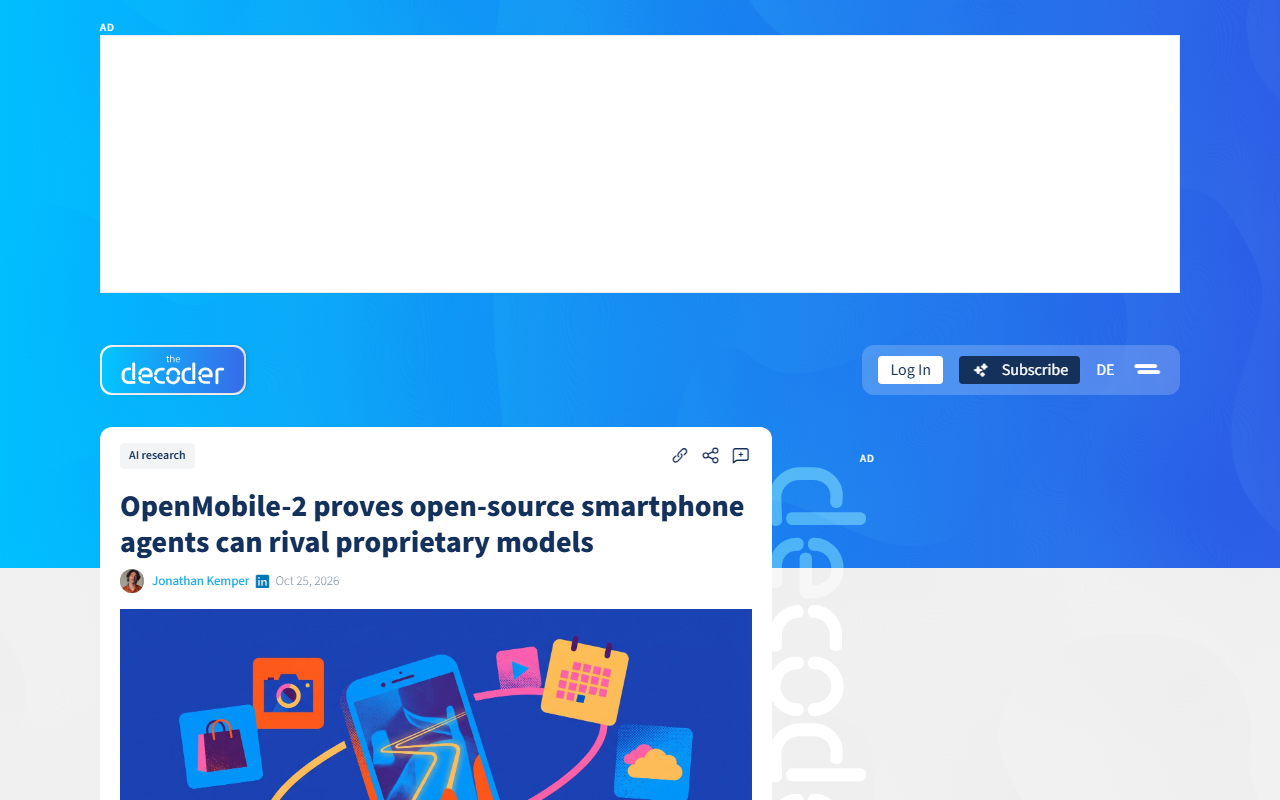Screenshot of The Decoder's October 25 report on the OpenMobile-2 open-source phone-operating agent.