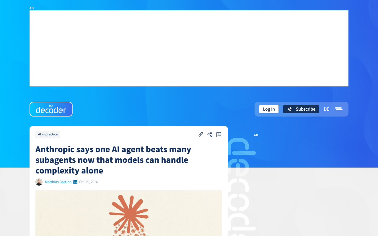 Screenshot of The Decoder's October 25 report on Anthropic's advice to consolidate AI sub-agents.