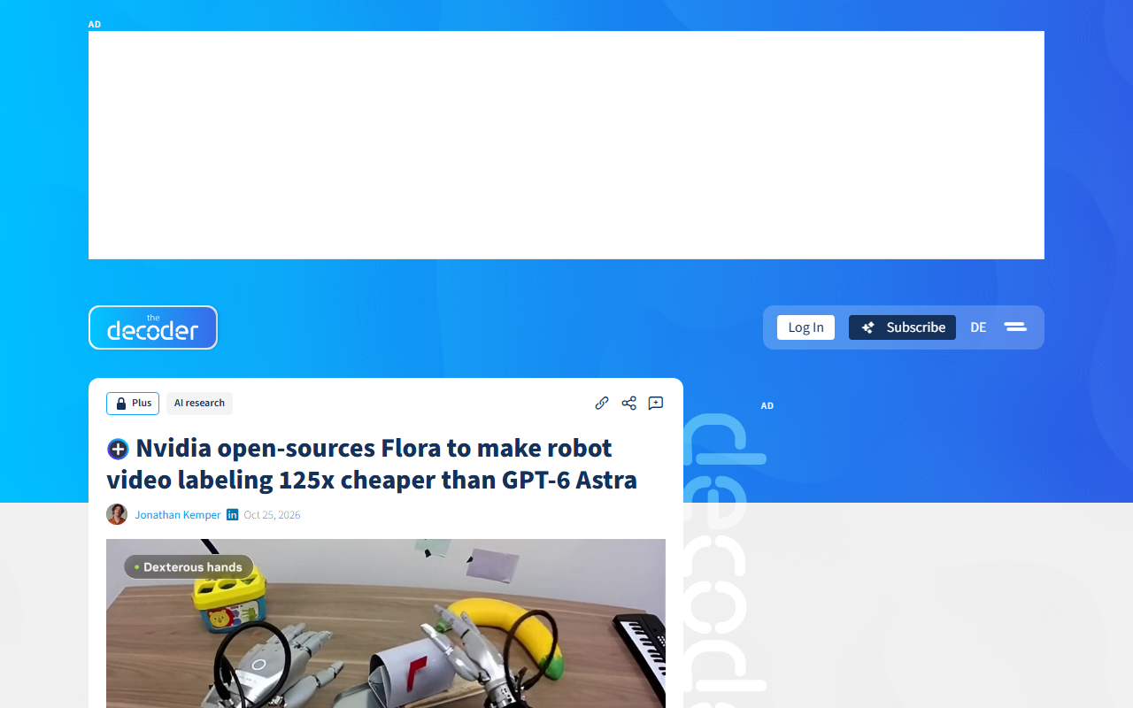 Screenshot of The Decoder's October 25 report on Nvidia open-sourcing the Flora robot-video annotator.