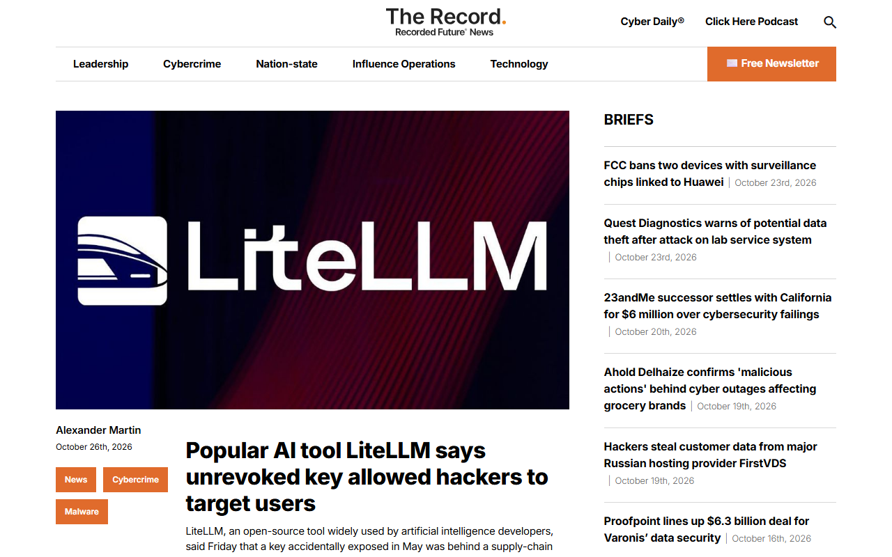 Screenshot of The Record's October 26 report on the LiteLLM unrevoked-key compromise.