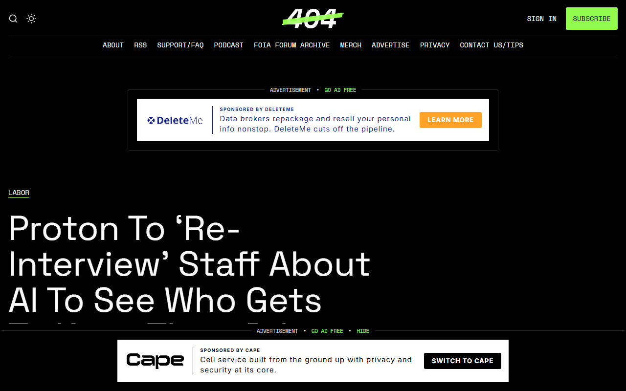 Screenshot of 404 Media's October 26 report on Proton re-interviewing staff about AI use.