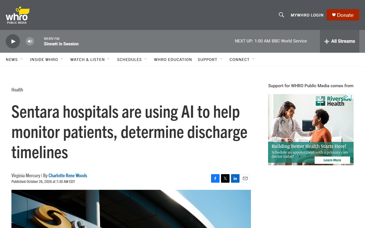 Screenshot of WHRO's October 26 report on Sentara hospitals using the Regard AI inside the EHR.