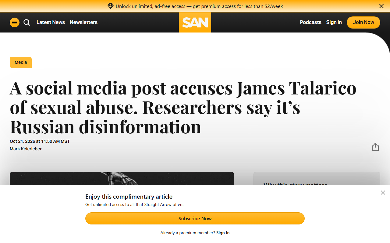 Screenshot of Straight Arrow News's October 21 report on the Russian deepfakes targeting James Talarico.