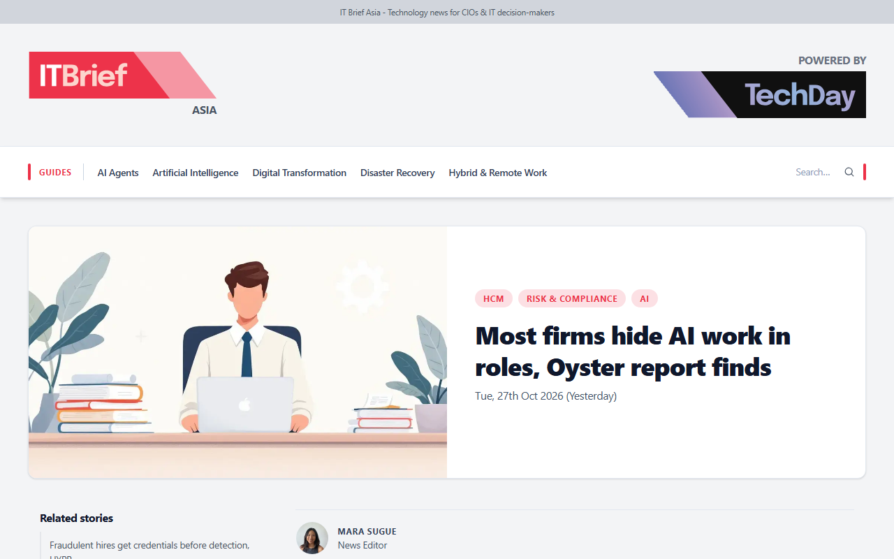 Screenshot of ITBrief's October 27 report on Oyster's finding that most firms hide AI work in roles.