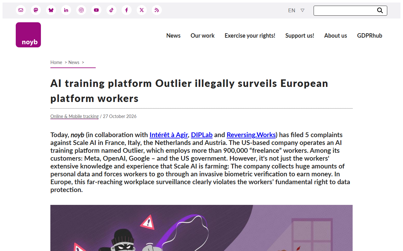 Screenshot of noyb's October 27 complaint over Scale AI's Outlier platform surveilling its workers.