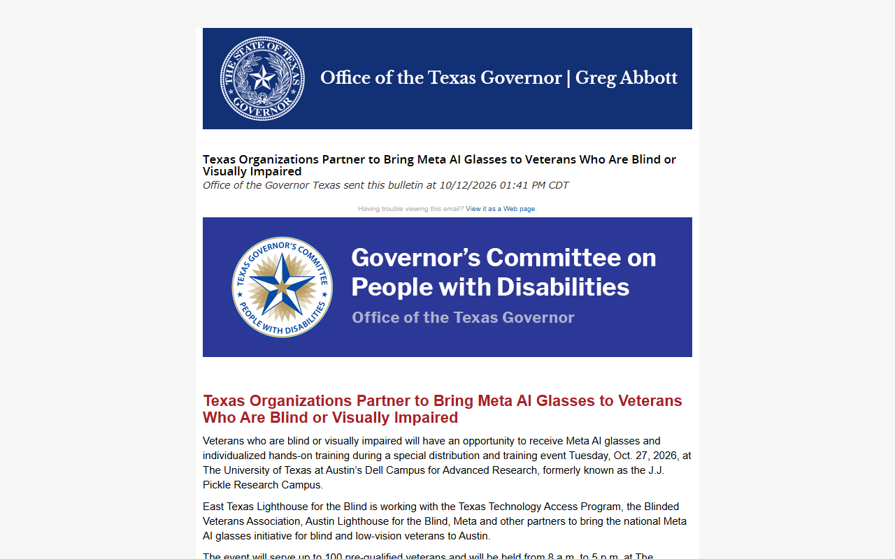 Screenshot of the Texas Governor's Committee bulletin on Meta AI glasses for blind veterans.