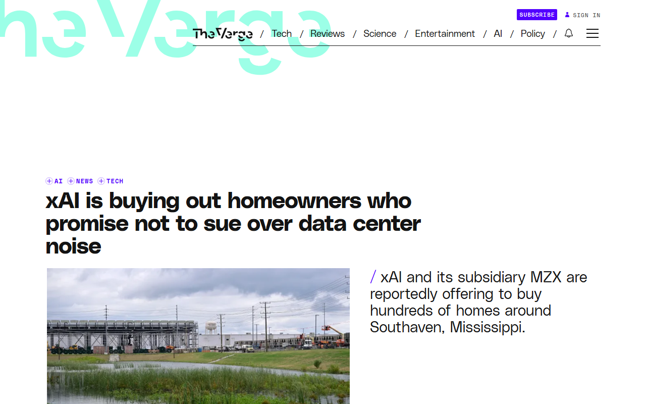 Screenshot of The Verge's Oct 28 report on xAI offering no-sue buyouts to neighbors of its data center