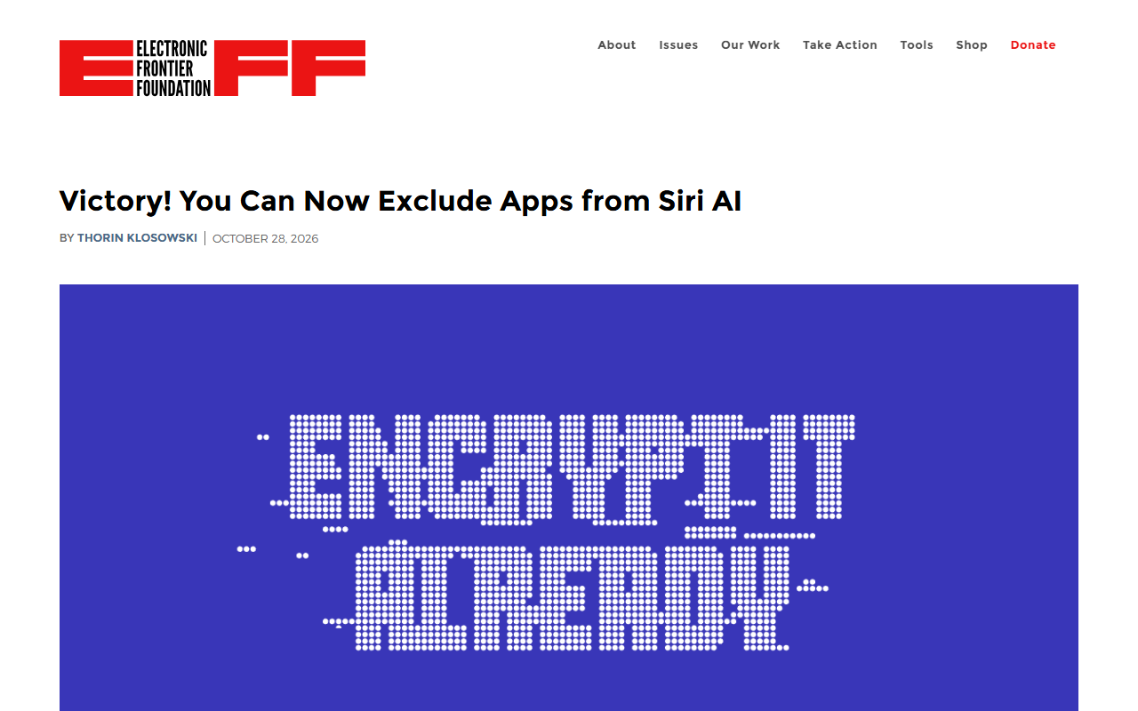 Screenshot of EFF's October Deeplinks post announcing the new iOS setting to exclude apps from Siri AI