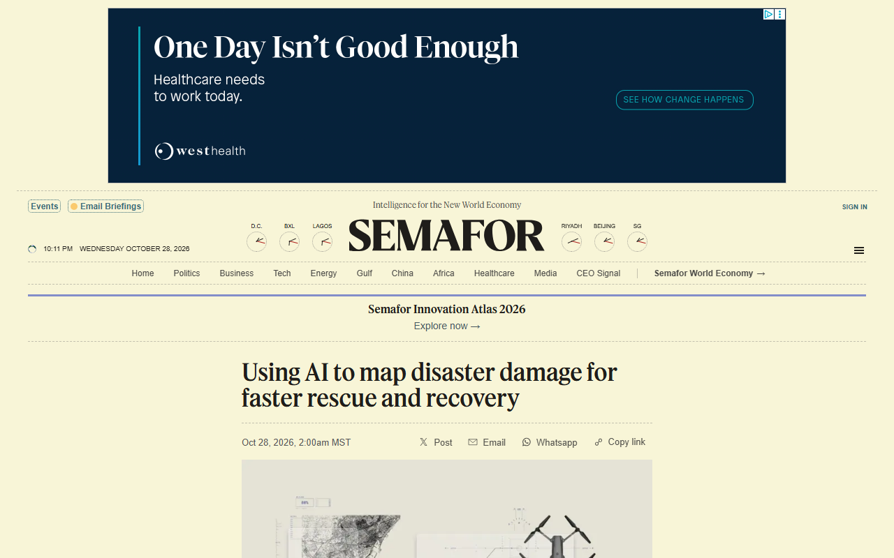 Screenshot of Semafor's October report on CLARKE, a Texas A&M AI that maps disaster damage from drone imagery offline