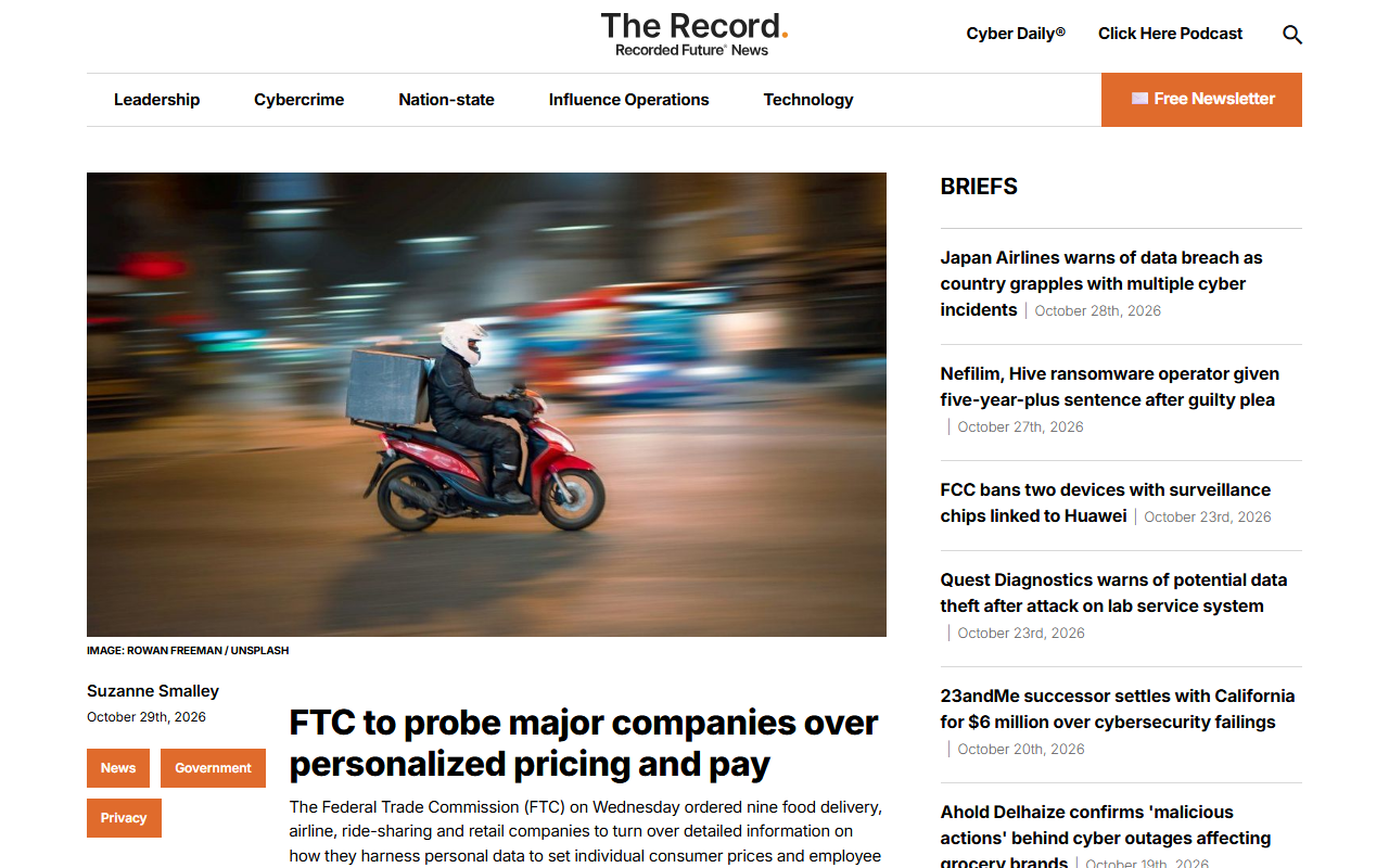 Screenshot of The Record's October 29 report on the FTC ordering rideshare and airline companies to disclose how they use data to set prices.