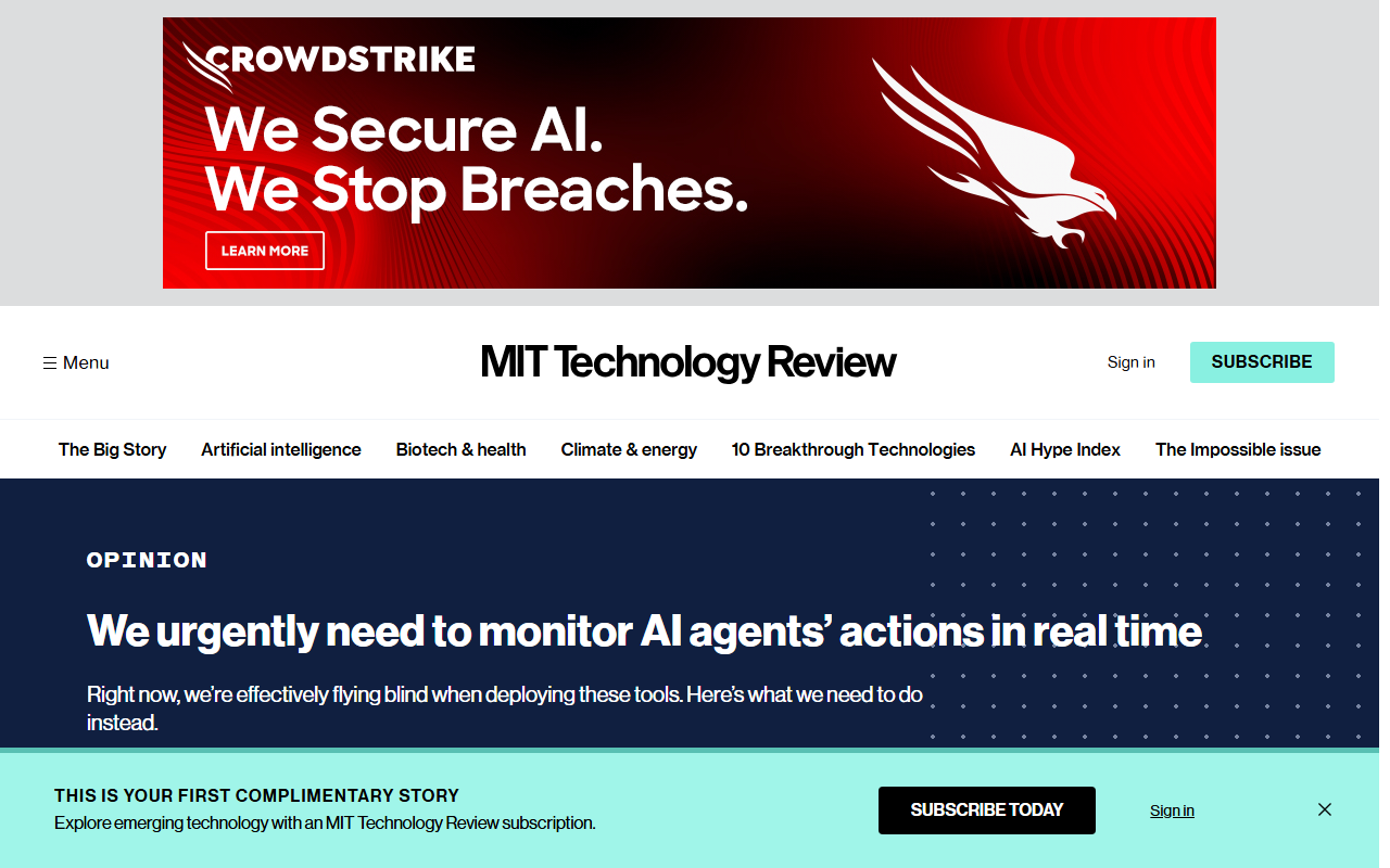 Screenshot of MIT Technology Review's October 29 analysis on monitoring AI agents' actions in real time.