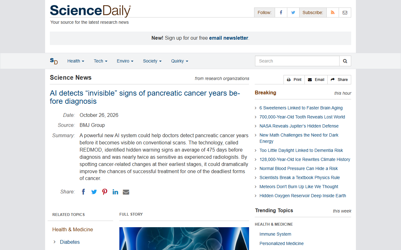 Screenshot of ScienceDaily's October 26 summary of the journal Gut study on the REDMOD AI detecting early pancreatic cancer on CT scans.