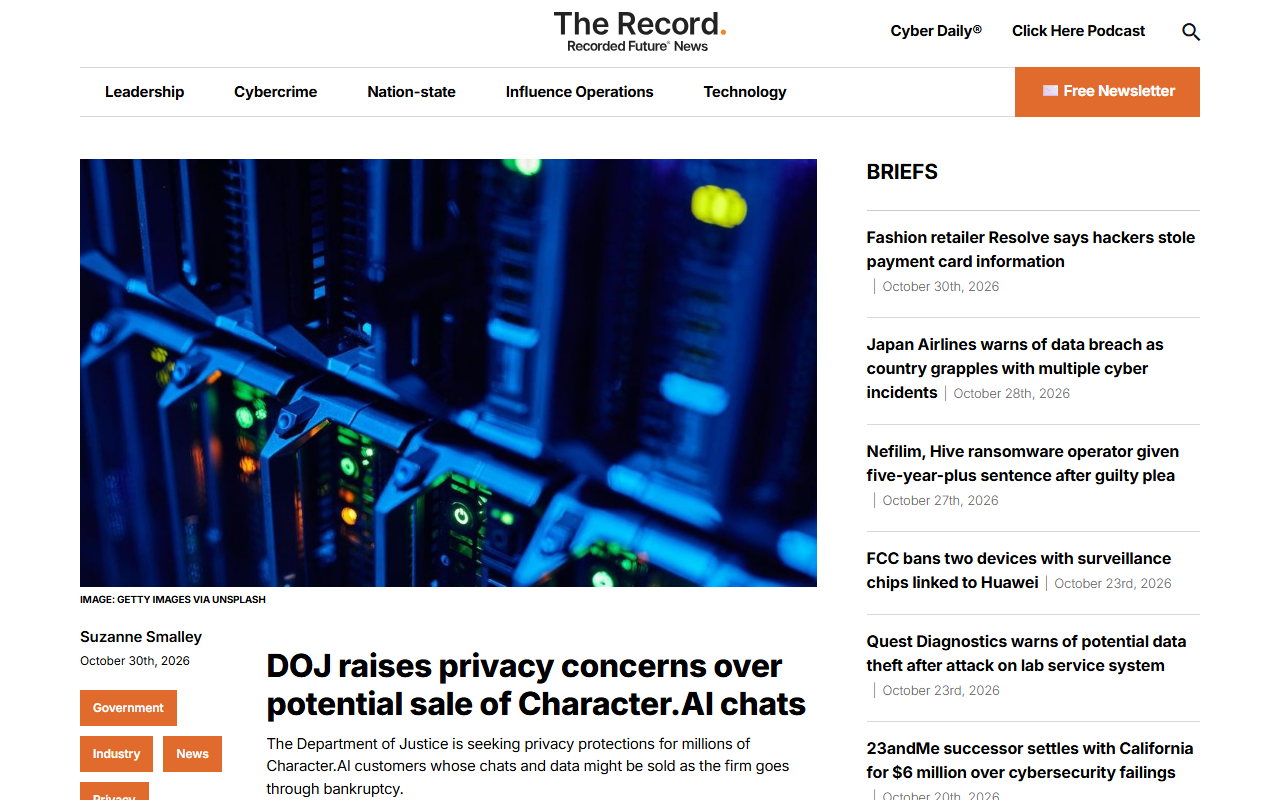 Screenshot of The Record's October 30 report on the DOJ's privacy filing in Character.AI's bankruptcy.