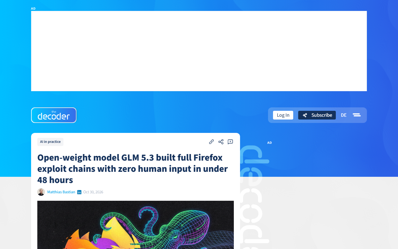 Screenshot of The Decoder's October 30 report on GLM 5.3 autonomously building Firefox exploit chains.