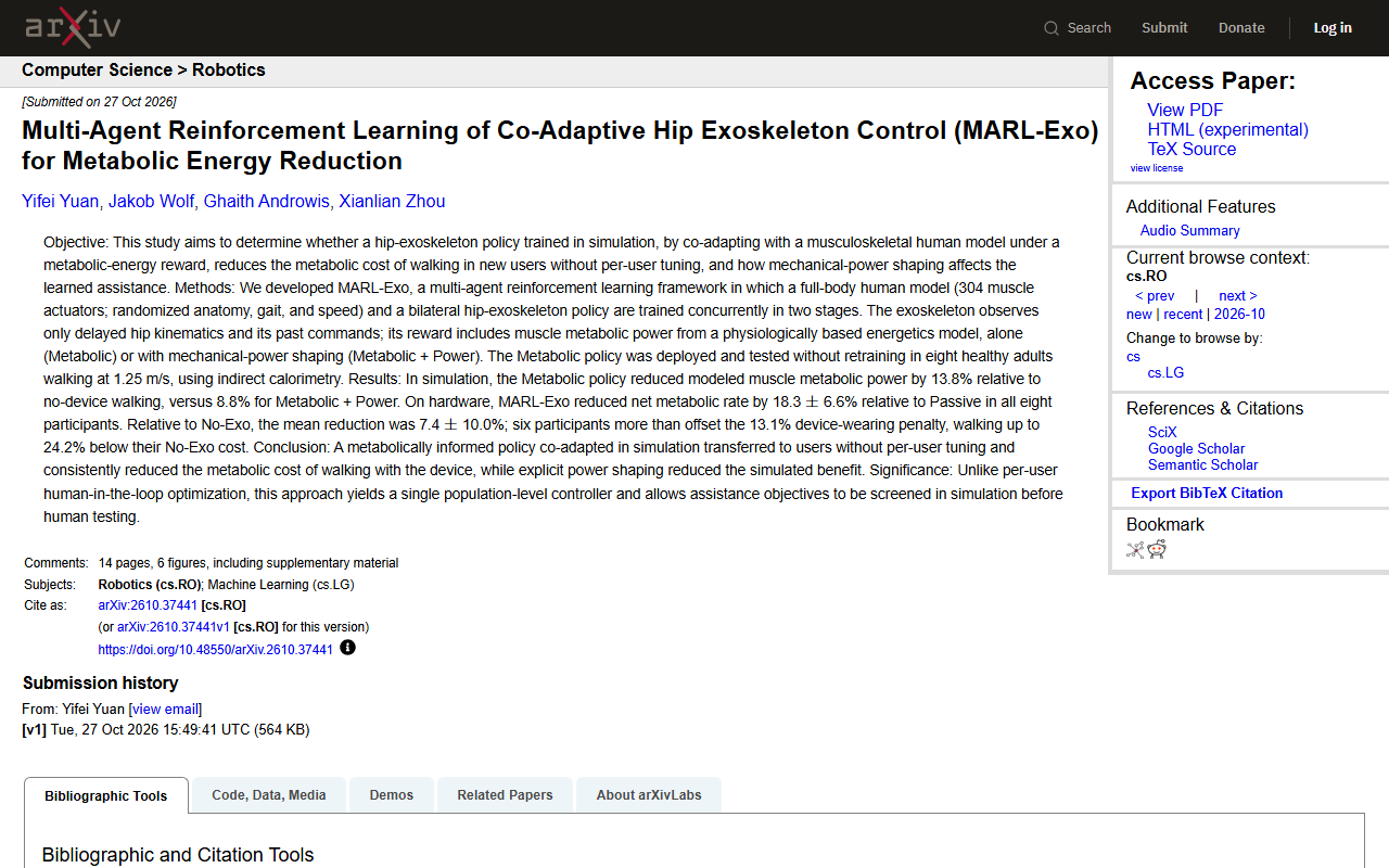 Screenshot of the arXiv preprint page for the MARL-Exo simulation-trained exoskeleton study.
